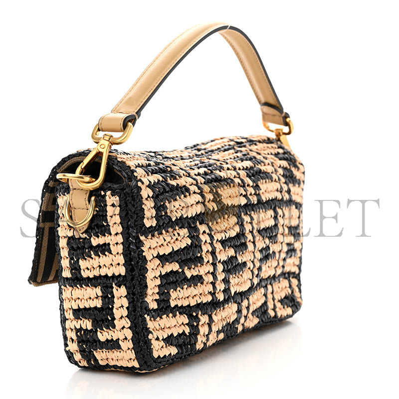F**di raffia vitello grace ff crochet baguette natural black paglia (27*15*6cm)